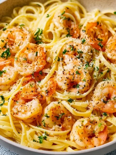 Delicious garlic butter shrimp pasta served with fresh parsley