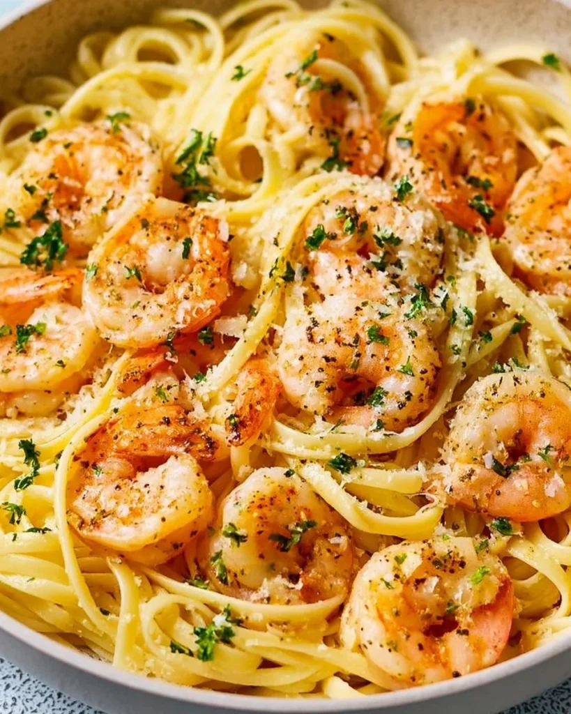 Delicious garlic butter shrimp pasta served with fresh parsley
