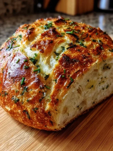 Freshly baked Garlic Herb Bread in a Dutch oven, golden and savory.