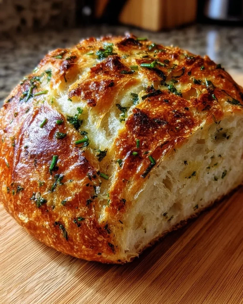 Freshly baked Garlic Herb Bread in a Dutch oven, golden and savory.