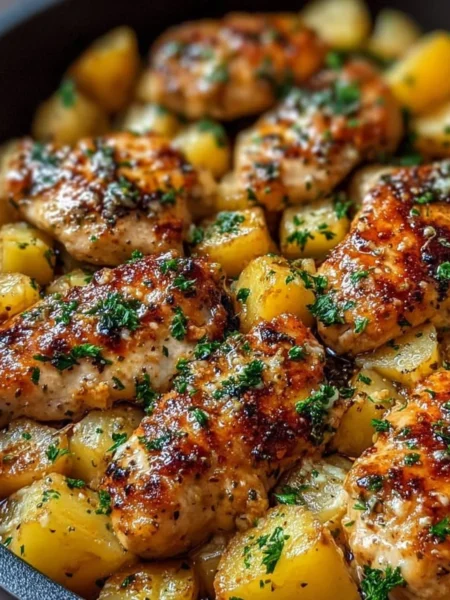 Garlic Parmesan Chicken with roasted potatoes on a plate