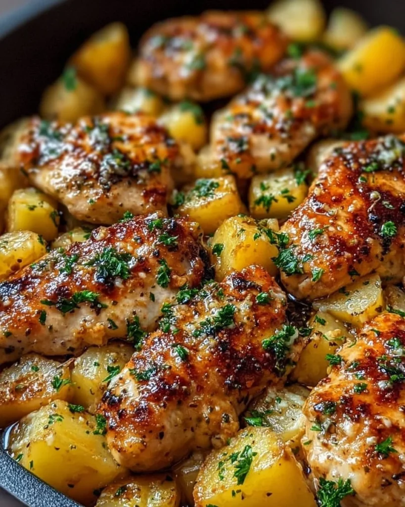 Garlic Parmesan Chicken with roasted potatoes on a plate