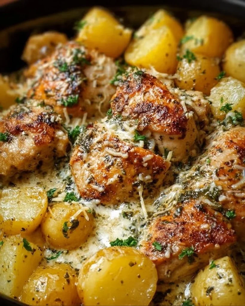 Garlic Parmesan Crockpot Chicken with Potatoes in a slow cooker