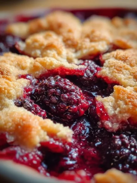 Freshly baked Grandma's Old Fashioned Blackberry Cobbler served warm.