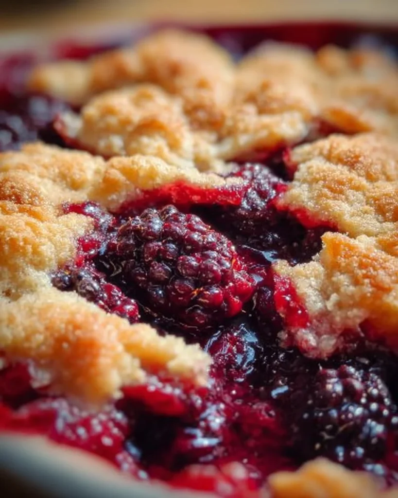 Freshly baked Grandma's Old Fashioned Blackberry Cobbler served warm.