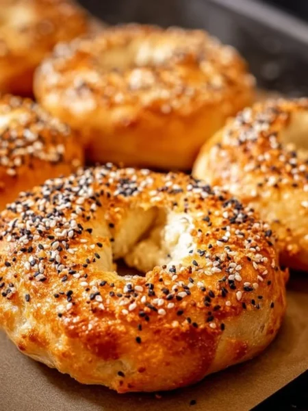 Homemade Greek Yogurt Bagels topped with seeds and herbs