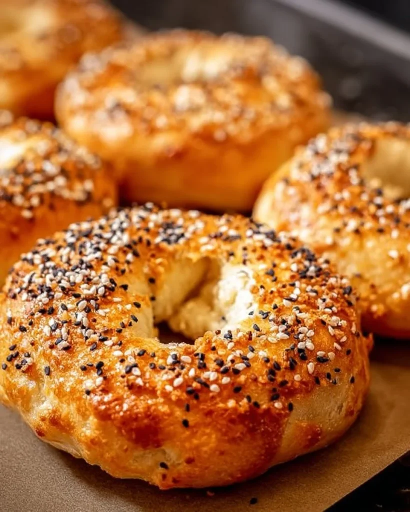 Homemade Greek Yogurt Bagels topped with seeds and herbs