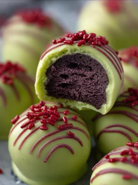 Festive Grinch Oreo Truffles decorated for Christmas