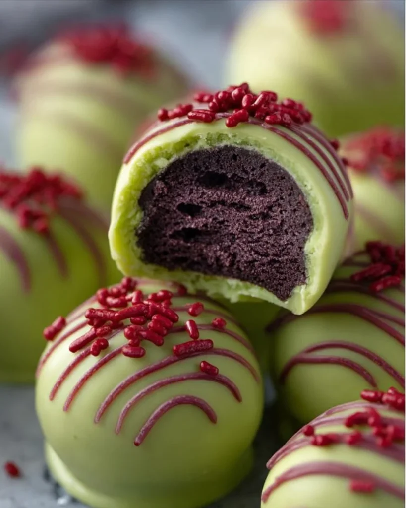 Festive Grinch Oreo Truffles decorated for Christmas