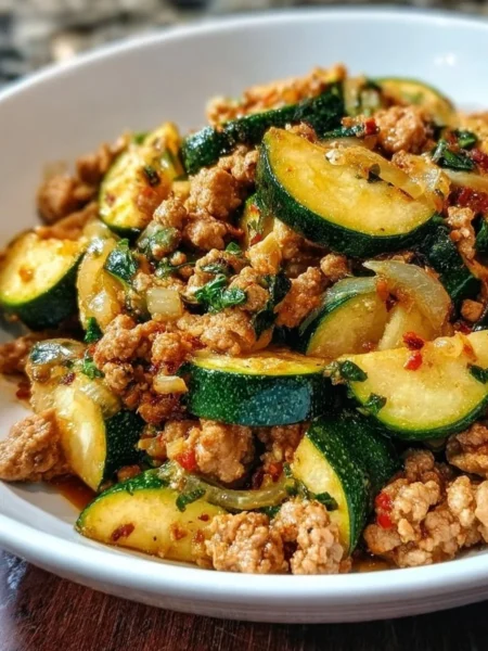 Ground Turkey and Zucchini Skillet dish served in a pan