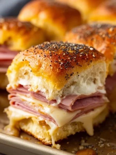 Ham and cheese sliders baked to golden perfection, perfect appetizer for parties