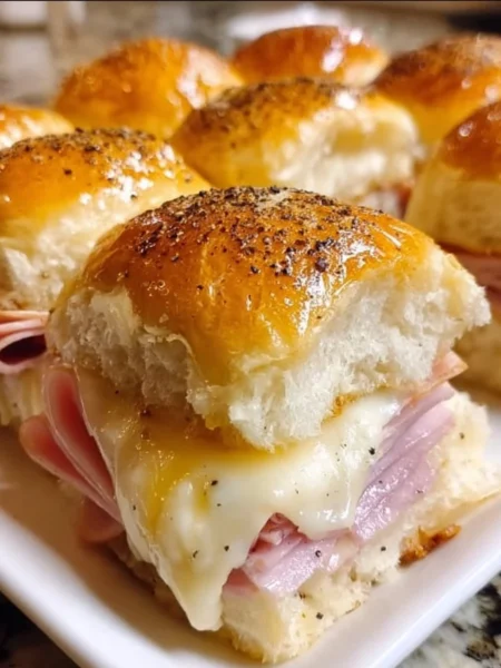 Ham and cheese sliders on a platter, perfect for parties or gatherings.