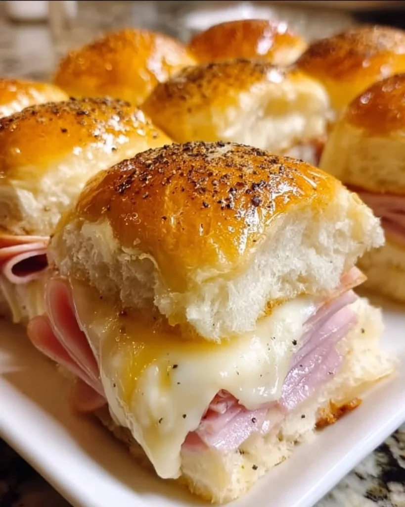 Ham and cheese sliders on a platter, perfect for parties or gatherings.
