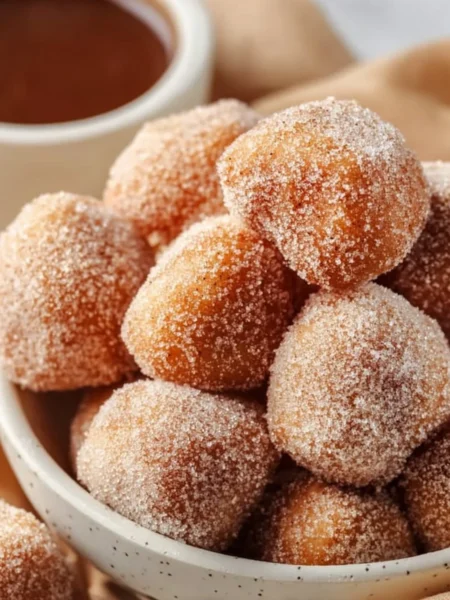 Healthy air fryer churro bites on a plate, sprinkled with cinnamon sugar.