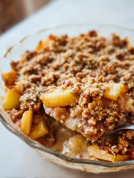 Healthy Breakfast Apple Crumble topped with oats and fresh fruits