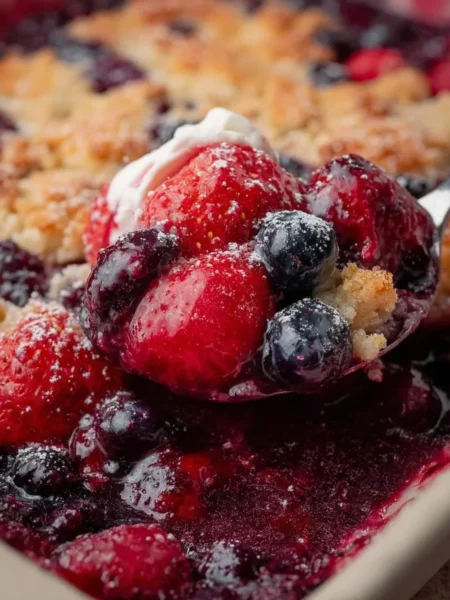 Healthy Mixed Berry Cobbler topped with fresh berries and a golden crust