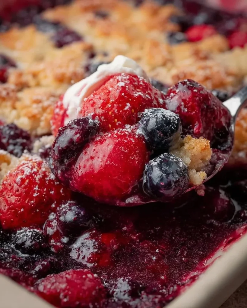 Healthy Mixed Berry Cobbler topped with fresh berries and a golden crust