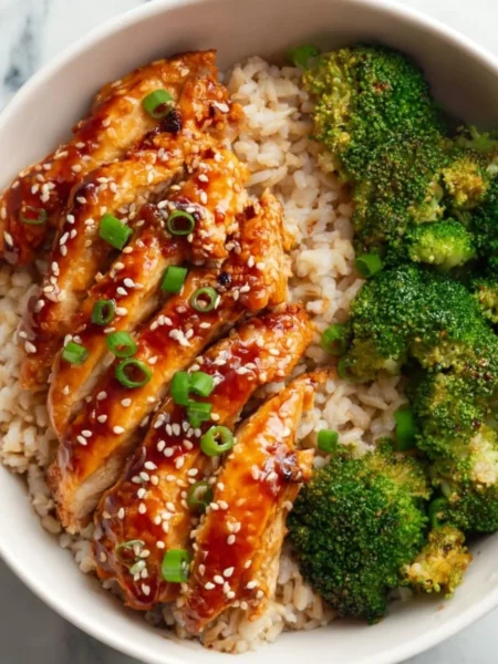 Healthy sticky chicken bowls with fresh vegetables and rice
