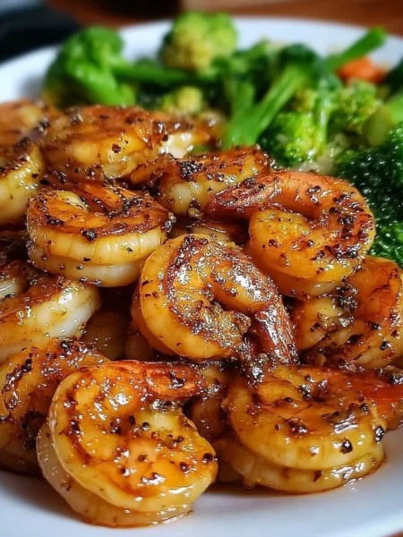 Plate of high-protein honey garlic shrimp garnished with vegetables