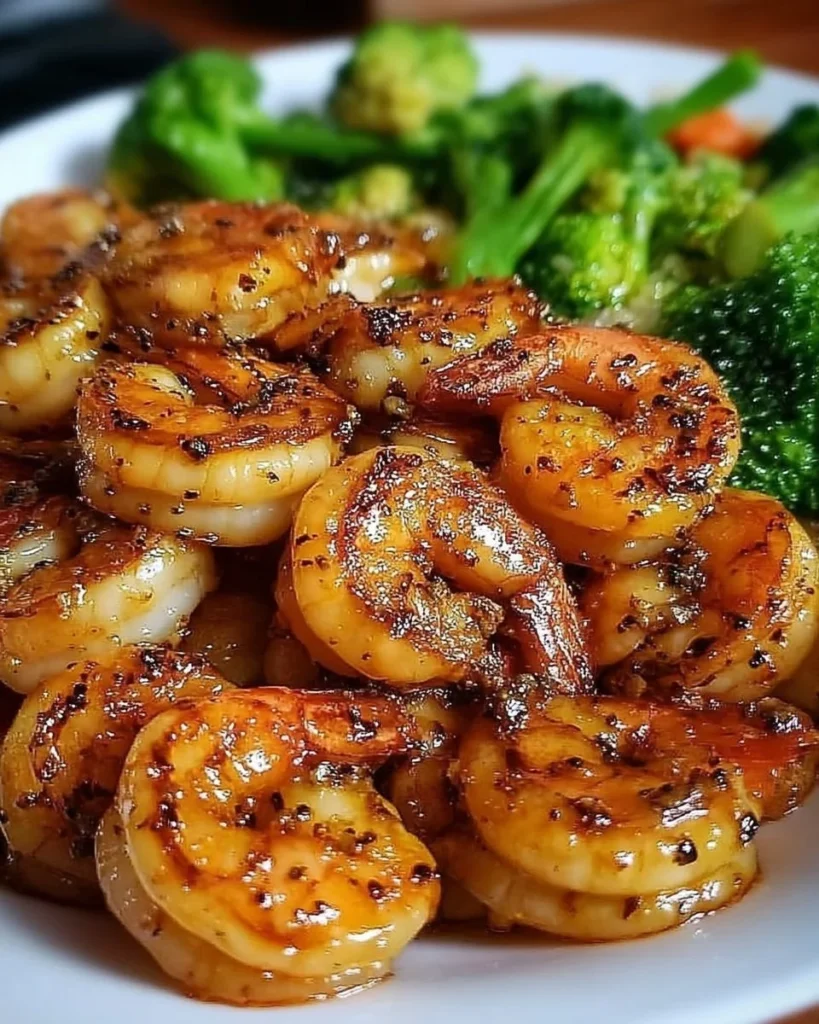 Plate of high-protein honey garlic shrimp garnished with vegetables