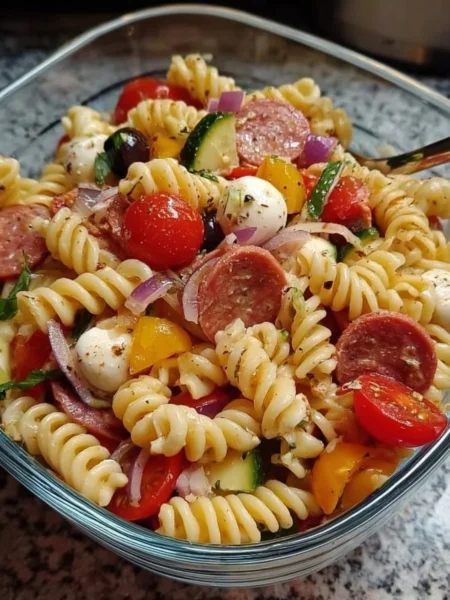 High-protein Italian pasta salad with fresh vegetables and dressing