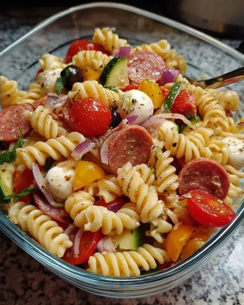 High-protein Italian pasta salad with fresh vegetables and dressing