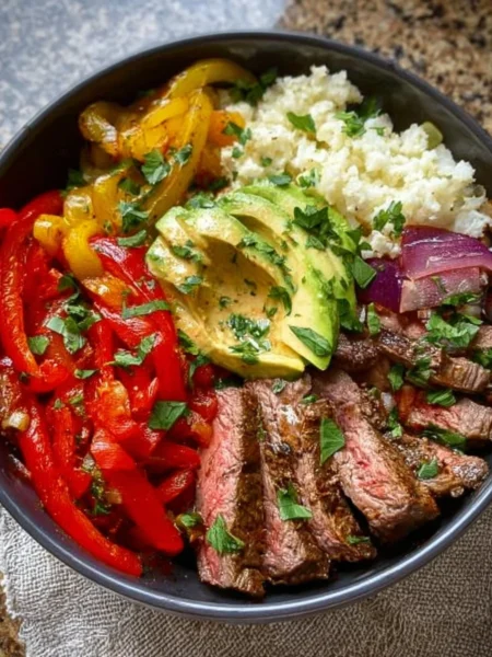 High protein steak fajita bowl with colorful vegetables and spices