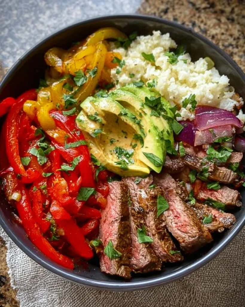 High protein steak fajita bowl with colorful vegetables and spices