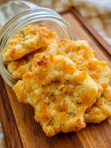 Homemade sourdough crackers with cheddar cheese on a wooden board