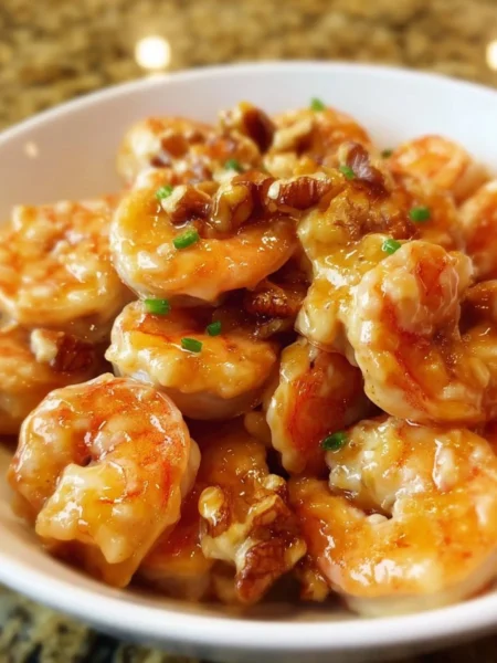 Delicious honey walnut shrimp served with crispy walnuts and a sweet glaze