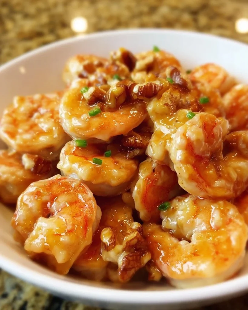 Delicious honey walnut shrimp served with crispy walnuts and a sweet glaze