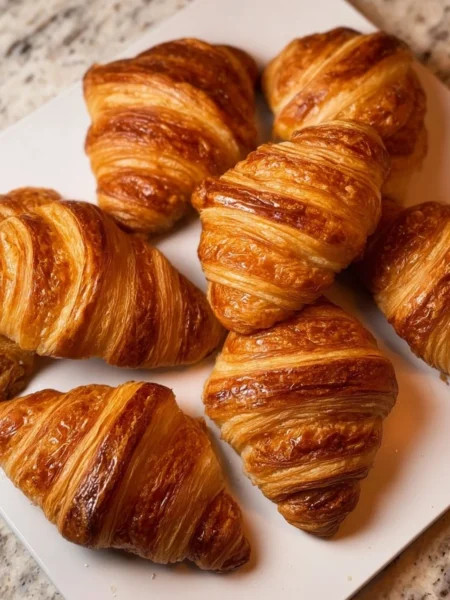 freshly baked homemade croissants on a wooden table