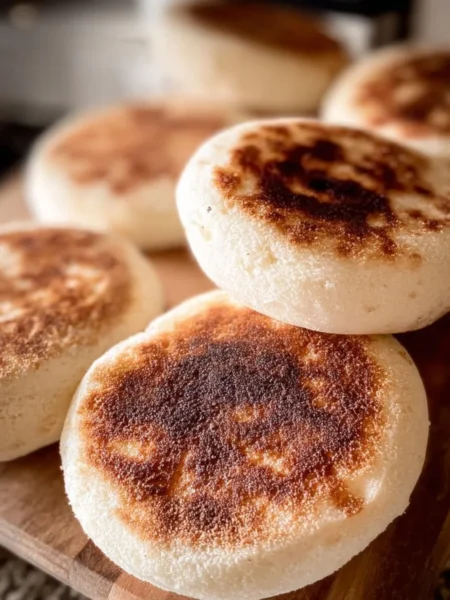 Freshly baked sourdough English muffins on a rustic wooden table