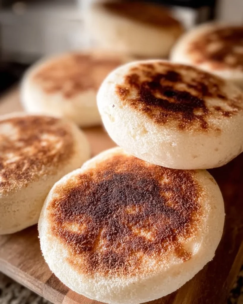 Freshly baked sourdough English muffins on a rustic wooden table