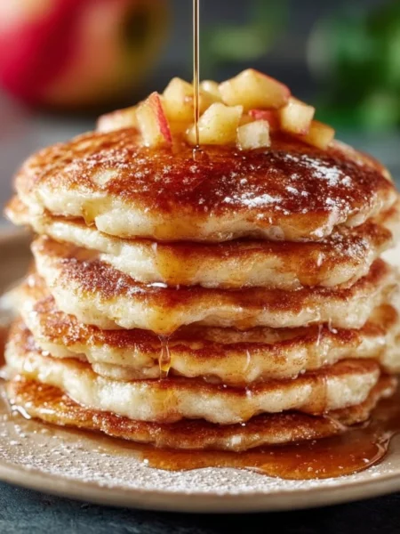 Delicious apple cinnamon pancakes topped with syrup and fresh apples.