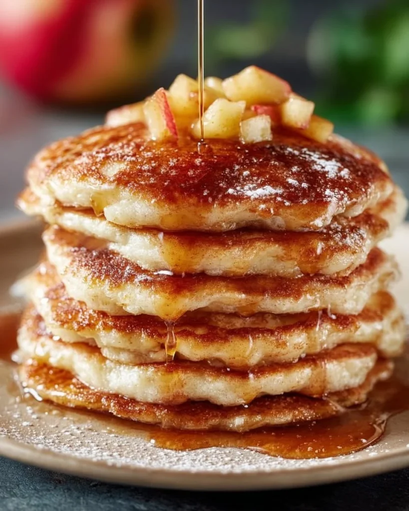 Delicious apple cinnamon pancakes topped with syrup and fresh apples.