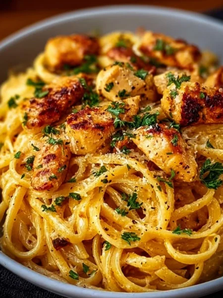 Delicious butter chicken linguine served in a bowl with fresh herbs on top