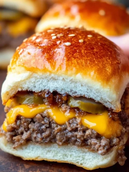 Delicious juicy cheeseburger sliders served with pickles and sauces