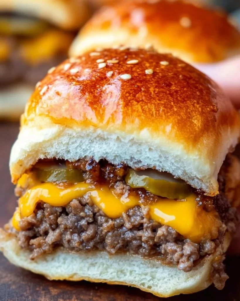 Delicious juicy cheeseburger sliders served with pickles and sauces