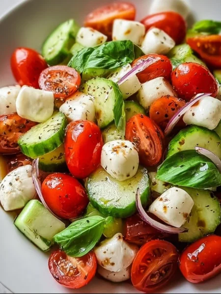 Juicy Cucumber Caprese Salad with tomatoes and mozzarella cheese