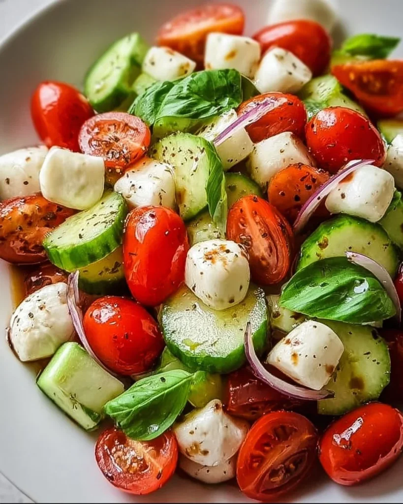 Juicy Cucumber Caprese Salad with tomatoes and mozzarella cheese