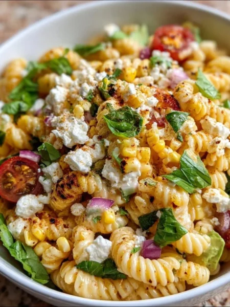 Juicy Street Corn Pasta Salad with fresh ingredients and colorful toppings
