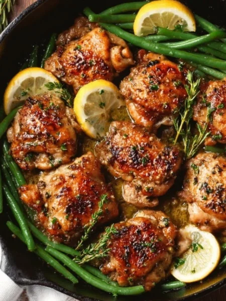 Lemon Garlic Butter Chicken Thighs served with a side of fresh vegetables