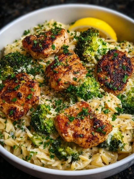 Lemon Pepper Chicken served with broccoli and orzo in a vibrant dish