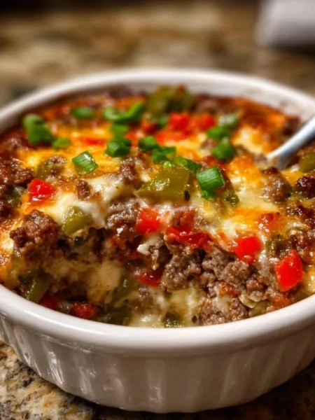 Low Carb Philly cheesesteak casserole with cheese and peppers in a baking dish