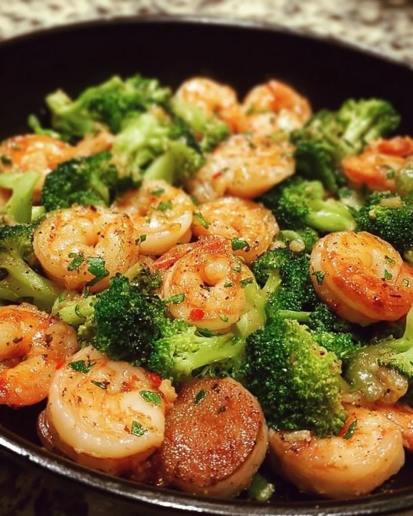 Low carb shrimp and broccoli dish served on a plate with vegetables.