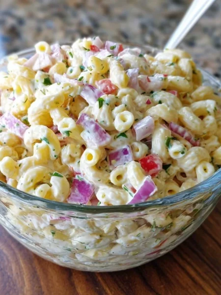 Bowl of colorful macaroni salad with vegetables and dressing