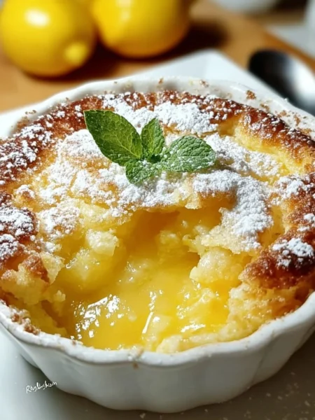 Delicious Magic Lemon Cobbler dessert with lemon slices and golden crust