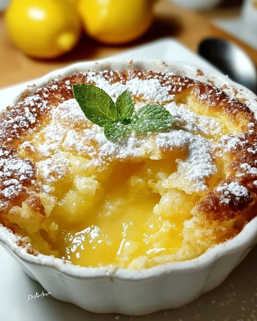 Delicious Magic Lemon Cobbler dessert with lemon slices and golden crust