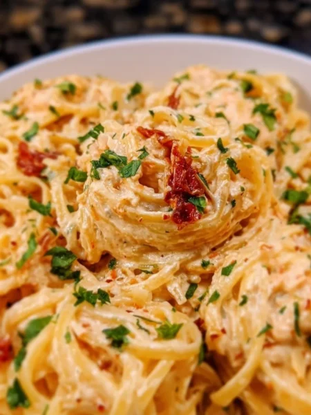 Plate of Marry Me Pasta garnished with herbs and cheese